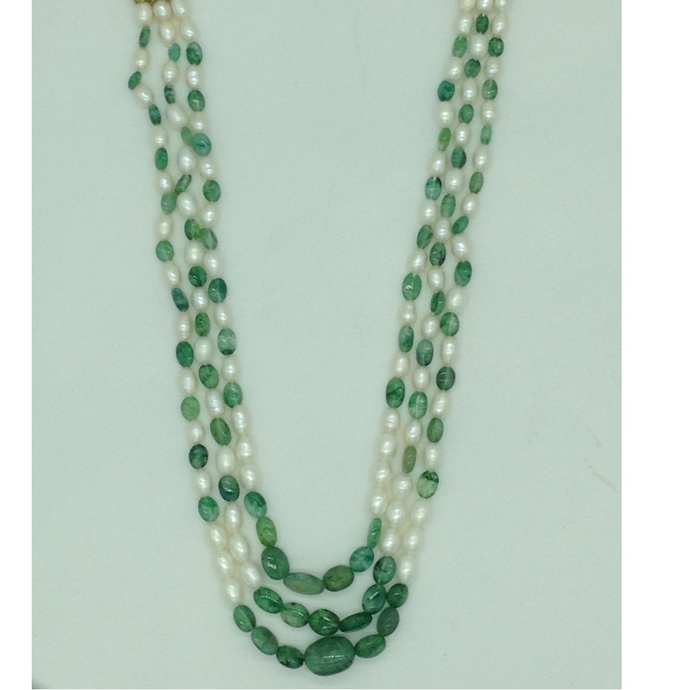 White oval pearls with green bariels 3 layers necklace jpm0420