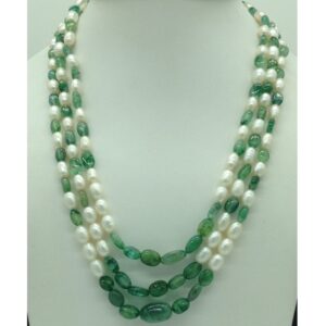 White oval pearls with green bariels 3 layers necklace jpm0420