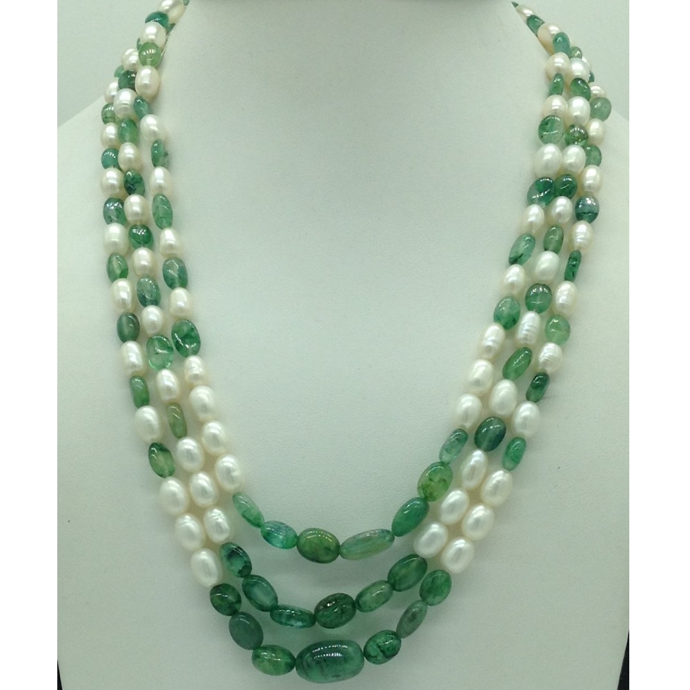 White oval pearls with green bariels 3 layers necklace jpm0420