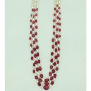 white oval pearls with red ruby 3 layers necklace jpm0419