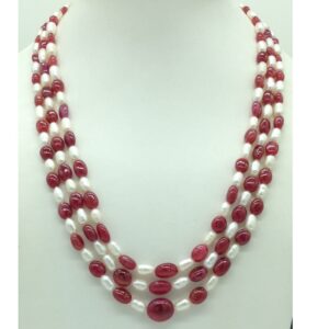 white oval pearls with red ruby 3 layers necklace jpm0419