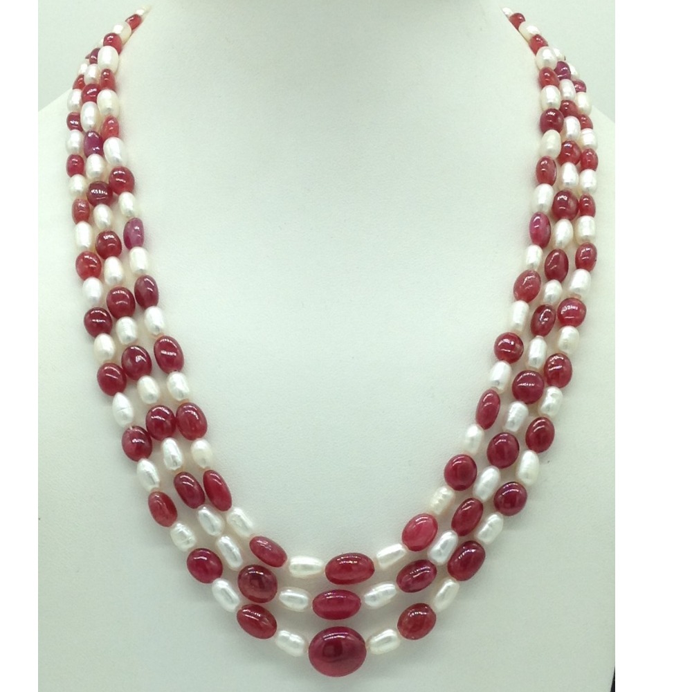 white oval pearls with red ruby 3 layers necklace jpm0419