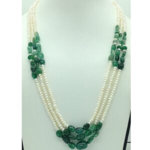 White flat pearls with green bariels 3 layers necklace jpm0417