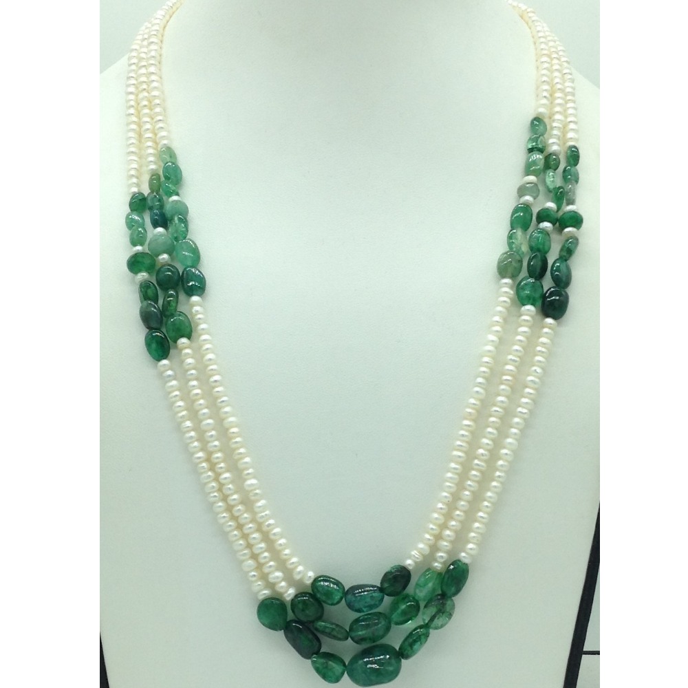 White flat pearls with green bariels 3 layers necklace jpm0417