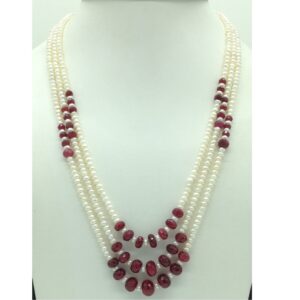 white flat pearls with red ruby 3 layers necklace jpm0416