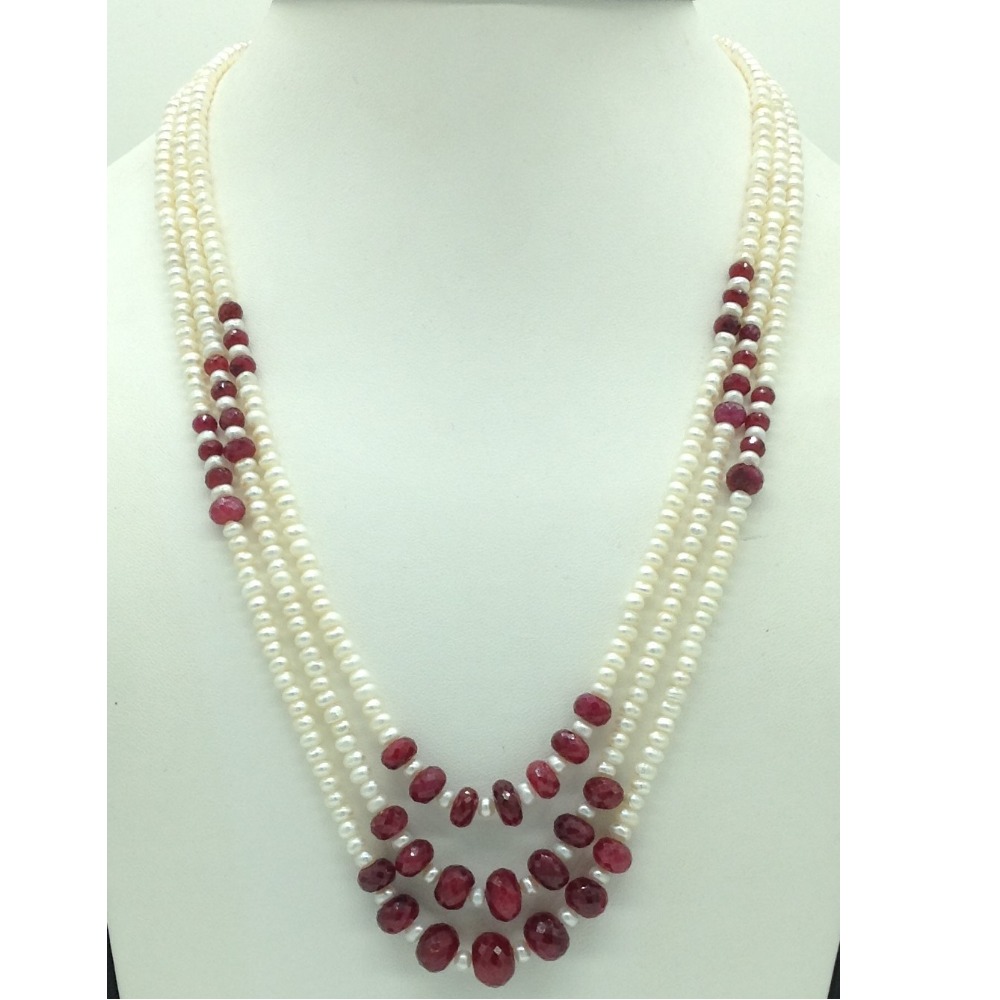white flat pearls with red ruby 3 layers necklace jpm0416