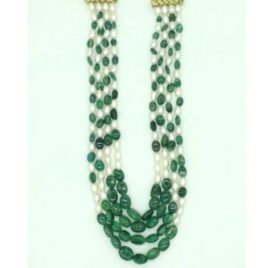 White oval pearls with green bariels 4 layers necklace jpm0413