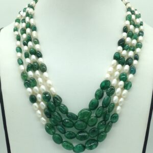 White oval pearls with green bariels 4 layers necklace jpm0413