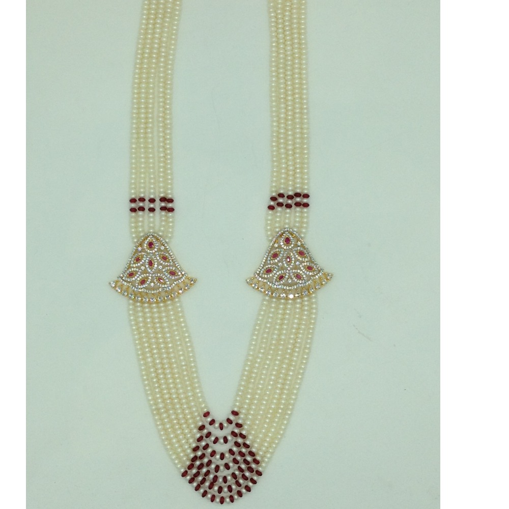 White And Red CZ Brooch Set With 7 Lines Flat Pearls Mala JPS0672 - Image 4