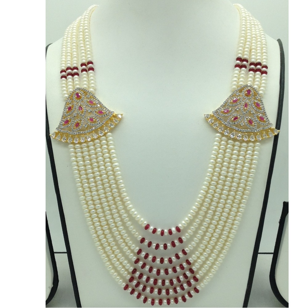 White And Red CZ Brooch Set With 7 Lines Flat Pearls Mala JPS0672 - Image 2