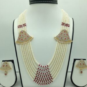 White And Red CZ Brooch Set With 7 Lines Flat Pearls Mala JPS0672