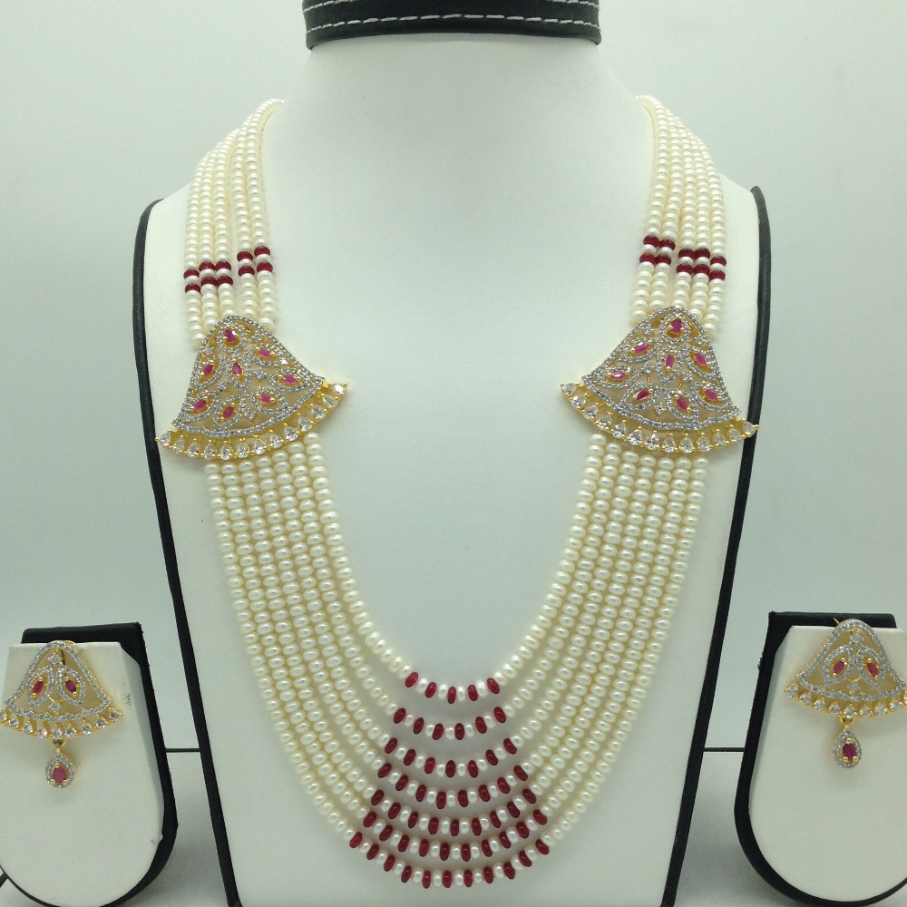 White And Red CZ Brooch Set With 7 Lines Flat Pearls Mala JPS0672
