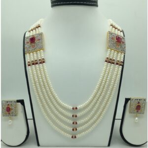 White And Red CZ Brooch Set With 5 Lines Flat Pearls Mala JPS0665