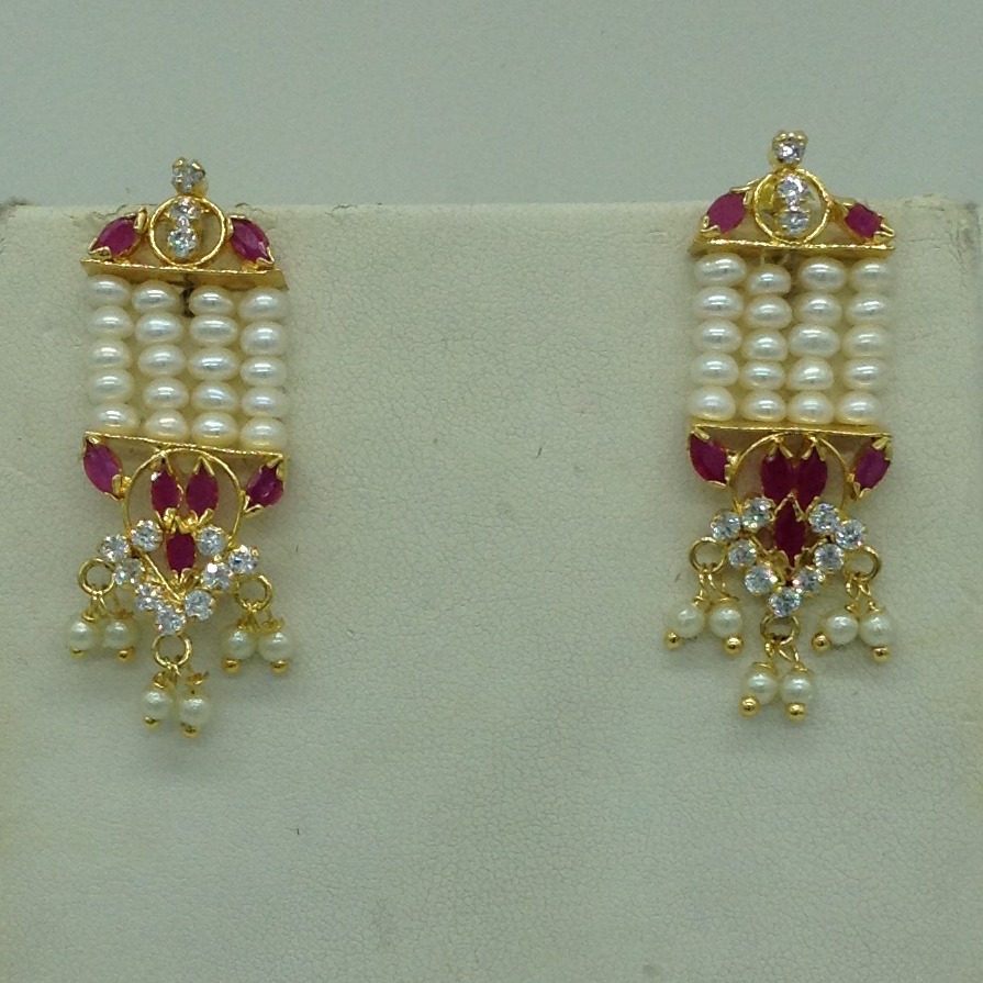 White,Red CZ Step Ranihaar Set With 6 Lines Flat Pearls Mala JPS0663