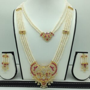 White,Red CZ Step Ranihaar Set With 6 Lines Flat Pearls Mala JPS0663