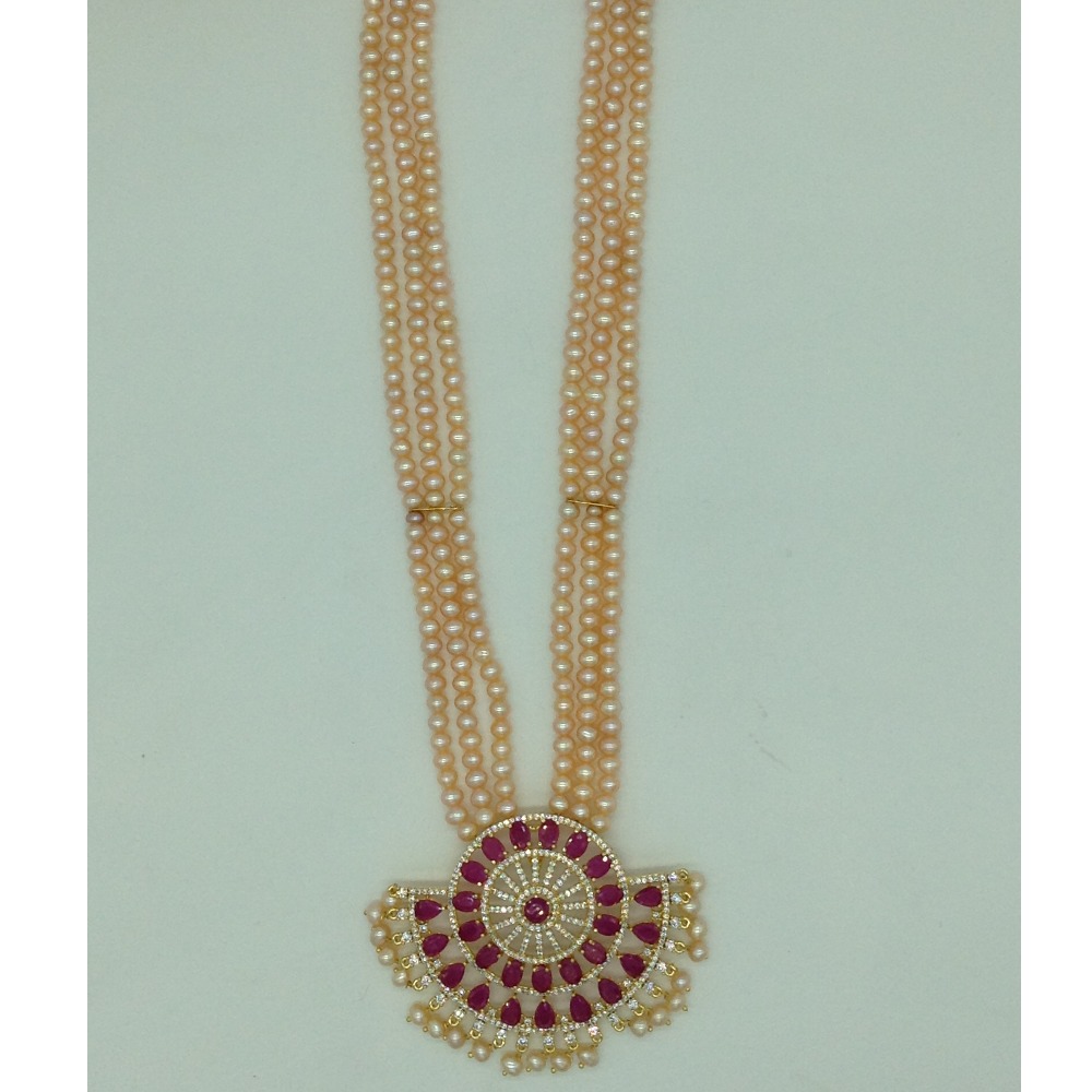 White,red cz pendent set with 3 line orange pearls jps0662