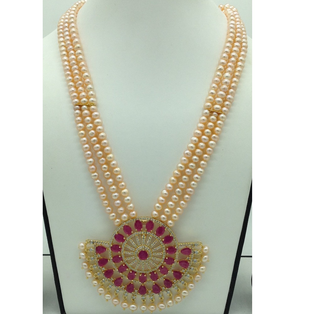 White,red cz pendent set with 3 line orange pearls jps0662