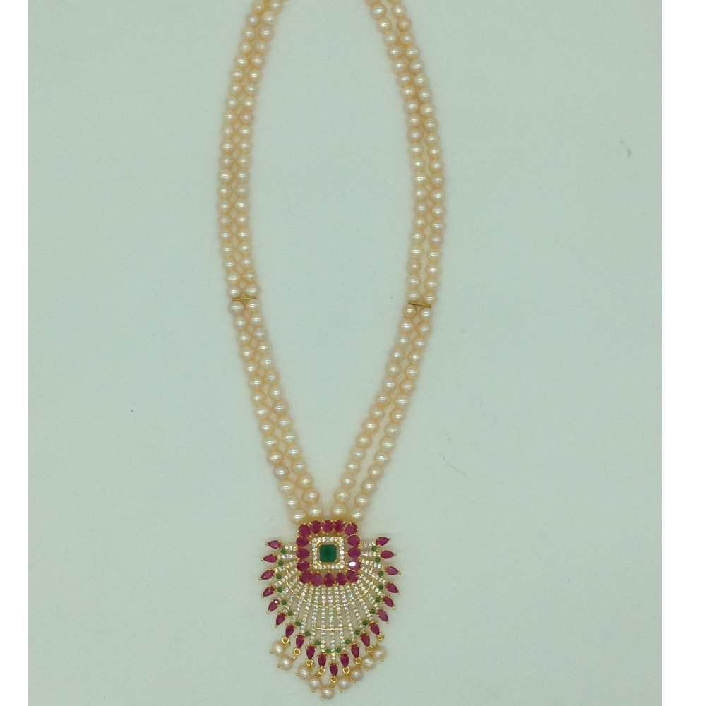 Tricolour cz pendent set with 2 line orange pearls mala jps0661