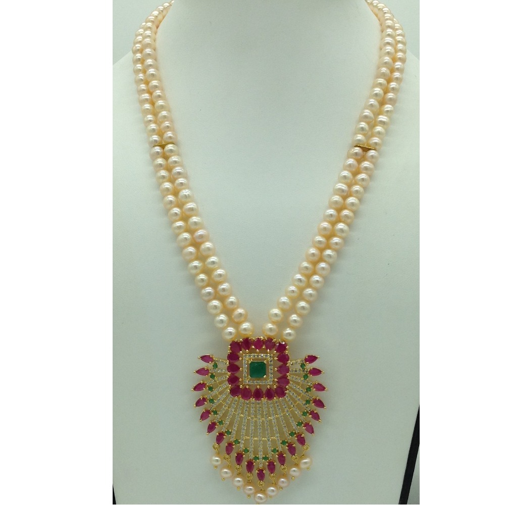 Tricolour cz pendent set with 2 line orange pearls mala jps0661