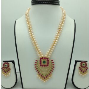 Tricolour cz pendent set with 2 line orange pearls mala jps0661