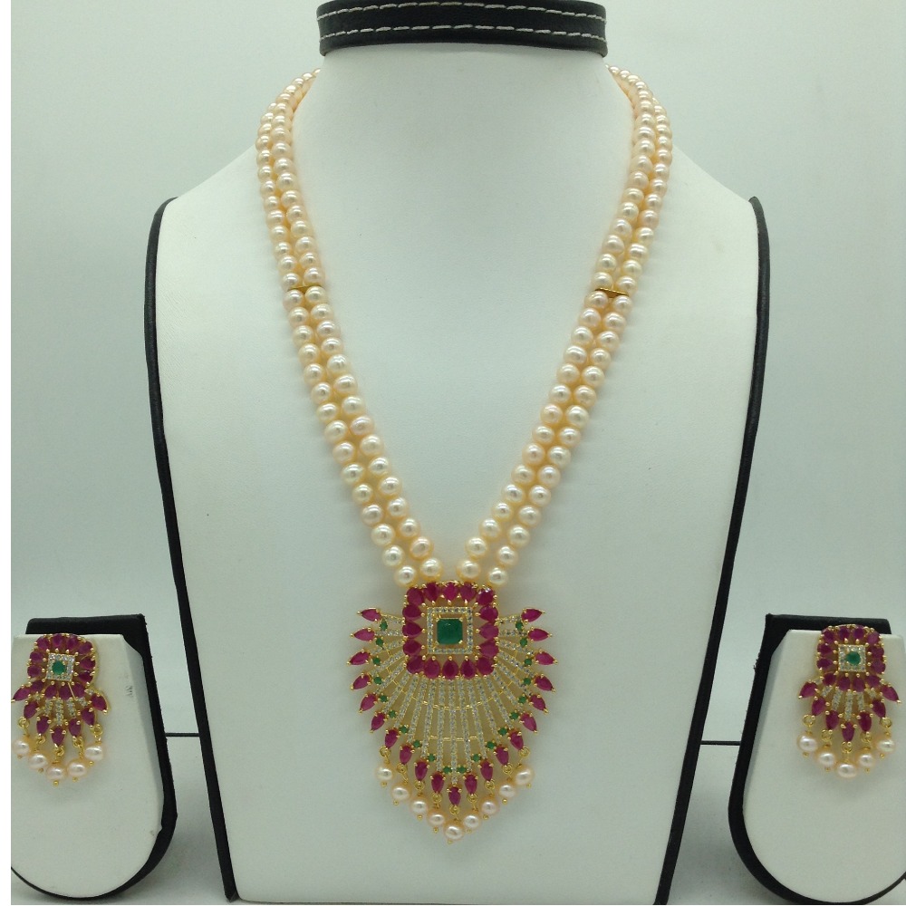 Tricolour cz pendent set with 2 line orange pearls mala jps0661