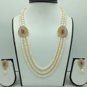 Red And White CZ Broach Set With 3 Line Flat Pearls Mala JPS0659