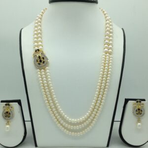 Blue And White CZ Broach Set With 3 Line Flat Pearls Mala JPS0657