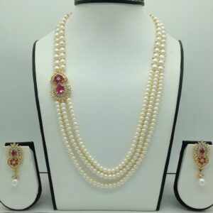Red And White CZ Broach Set With 3 Line Flat Pearls Mala JPS0656