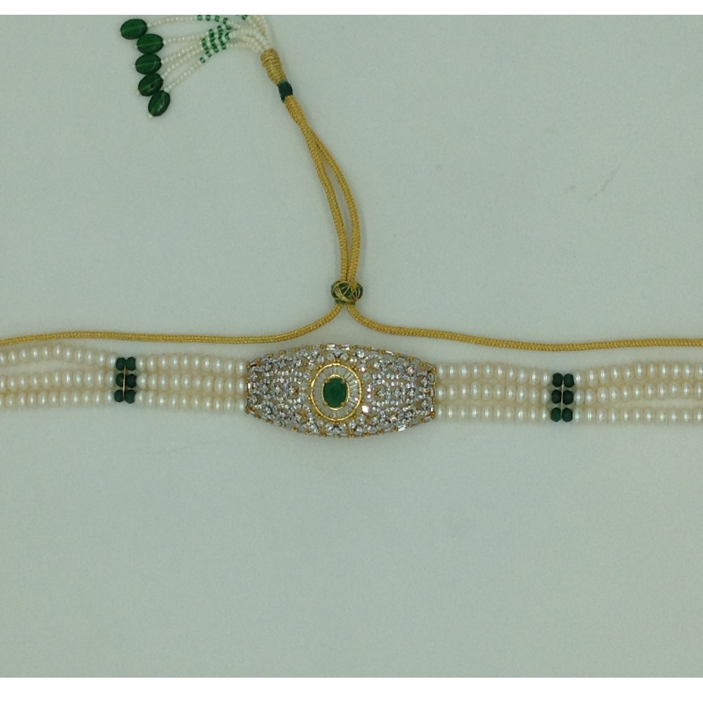 White and Green CZ Choker Set With 3 Line Flat Pearls Mala JPS0655 - Image 4