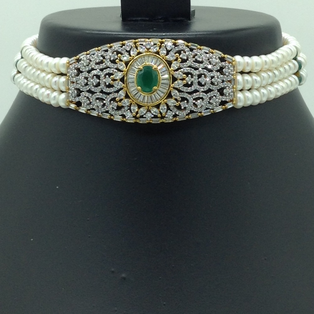 White and Green CZ Choker Set With 3 Line Flat Pearls Mala JPS0655 - Image 2