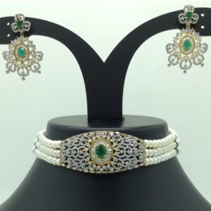 White and Green CZ Choker Set With 3 Line Flat Pearls Mala JPS0655