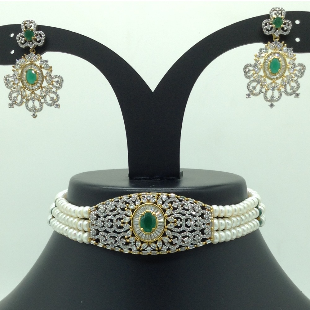 White and Green CZ Choker Set With 3 Line Flat Pearls Mala JPS0655