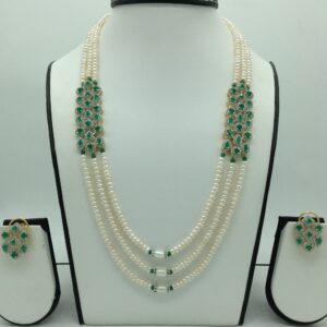 White And Green CZ Brooch Set With 3 Lines Flat Pearls Mala JPS0654