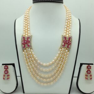 White And Red CZ Brooch Set With 5 Lines Oval Pearls Mala JPS0653
