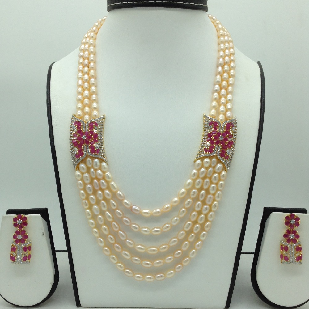White And Red CZ Brooch Set With 5 Lines Oval Pearls Mala JPS0653
