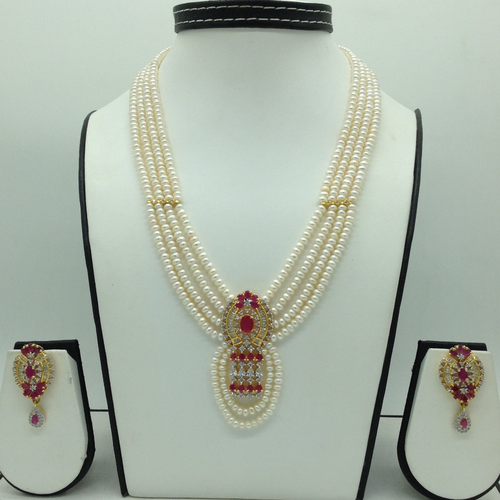 White,red cz pendent set with 4 line flat pearls jps0652