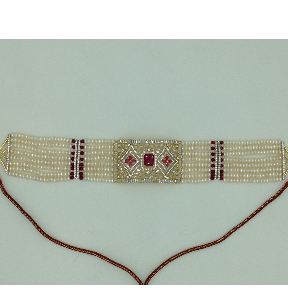 White and Red CZ Choker Set With 8 Line Flat Pearls Mala JPS0651 - Image 4