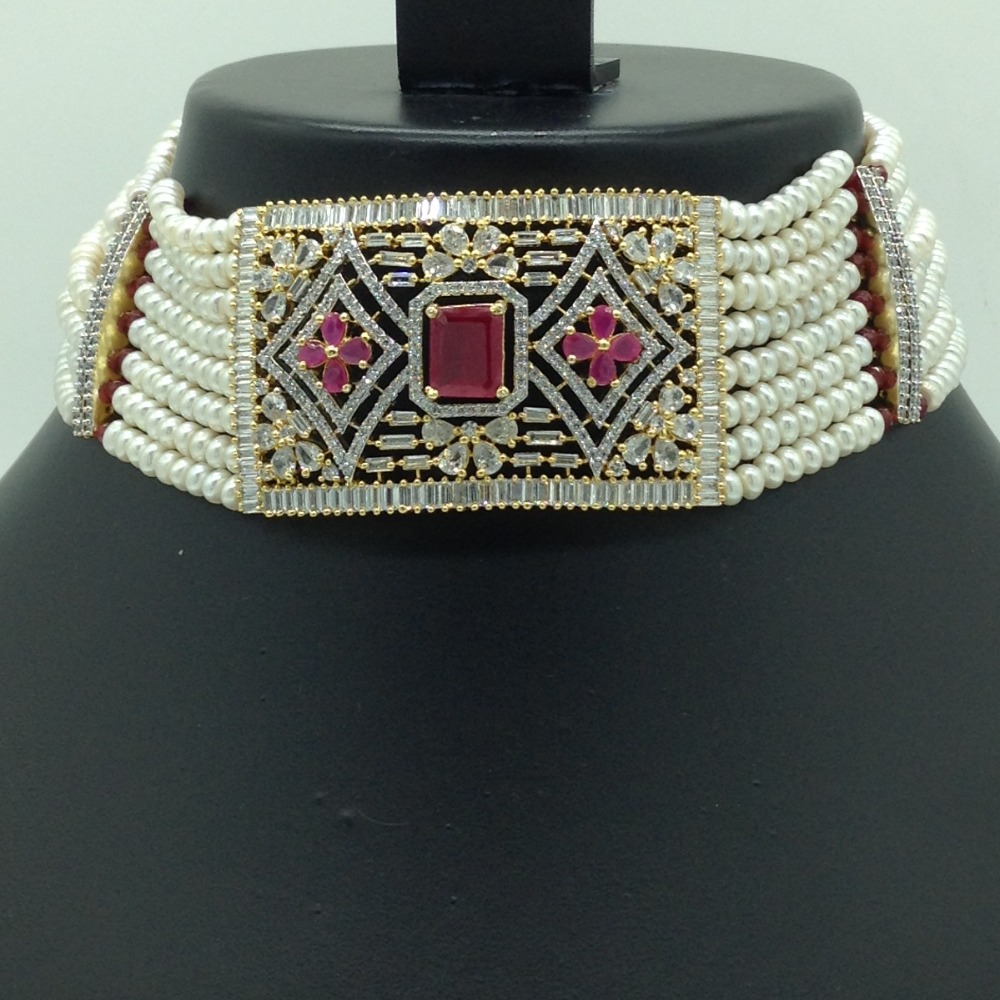 White and Red CZ Choker Set With 8 Line Flat Pearls Mala JPS0651 - Image 2