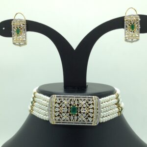White and Green CZ Choker Set With 5 Line Flat Pearls Mala JPS0650