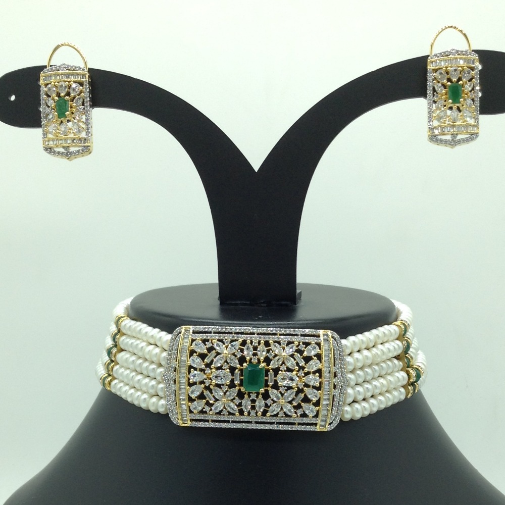 White and Green CZ Choker Set With 5 Line Flat Pearls Mala JPS0650