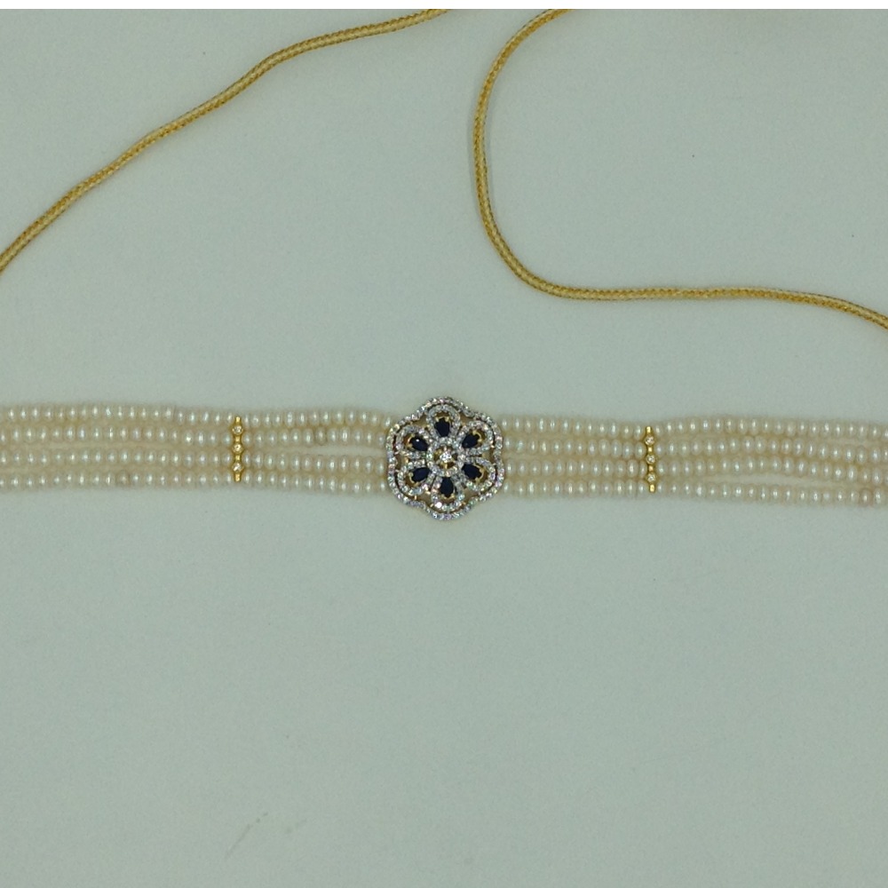 White and blue cz choker set with 4 line flat pearls mala jps0649 - Image 4