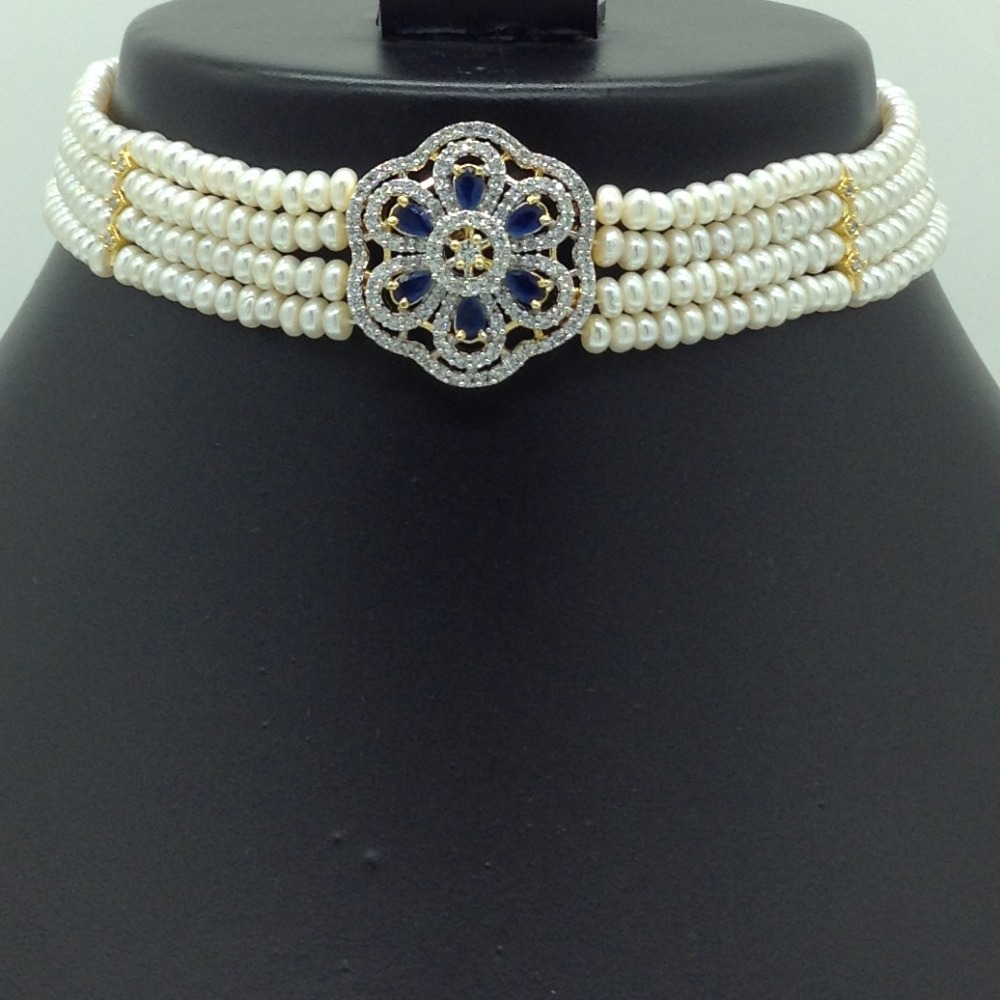 White and blue cz choker set with 4 line flat pearls mala jps0649 - Image 2