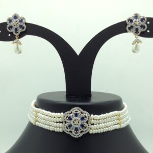 White and blue cz choker set with 4 line flat pearls mala jps0649