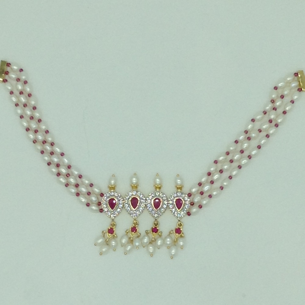 White,Red CZ and Pearls Choker Set With Oval Pearls Mala JPS0629 - Image 4