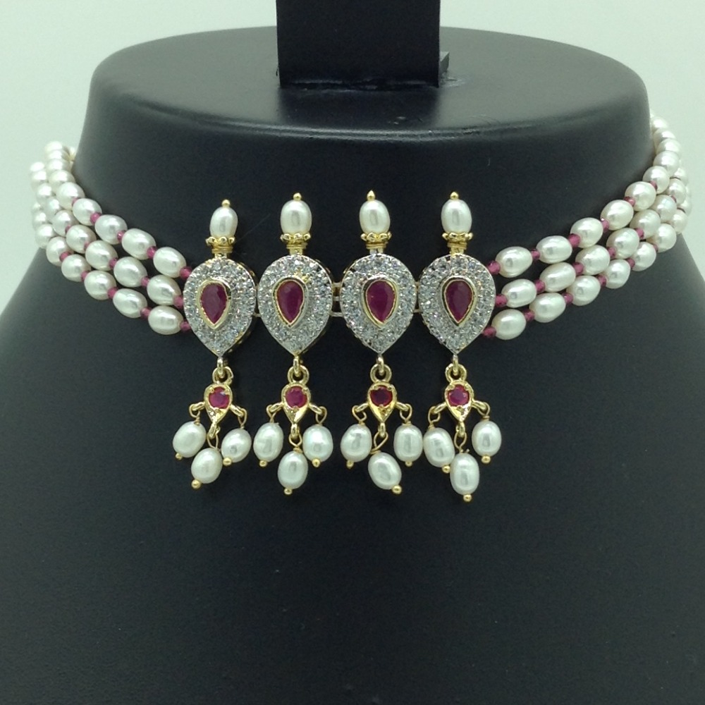 White,Red CZ and Pearls Choker Set With Oval Pearls Mala JPS0629 - Image 2