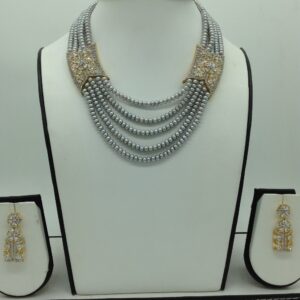 White CZ Choker Set With Grey Pearls Mala JPS0628