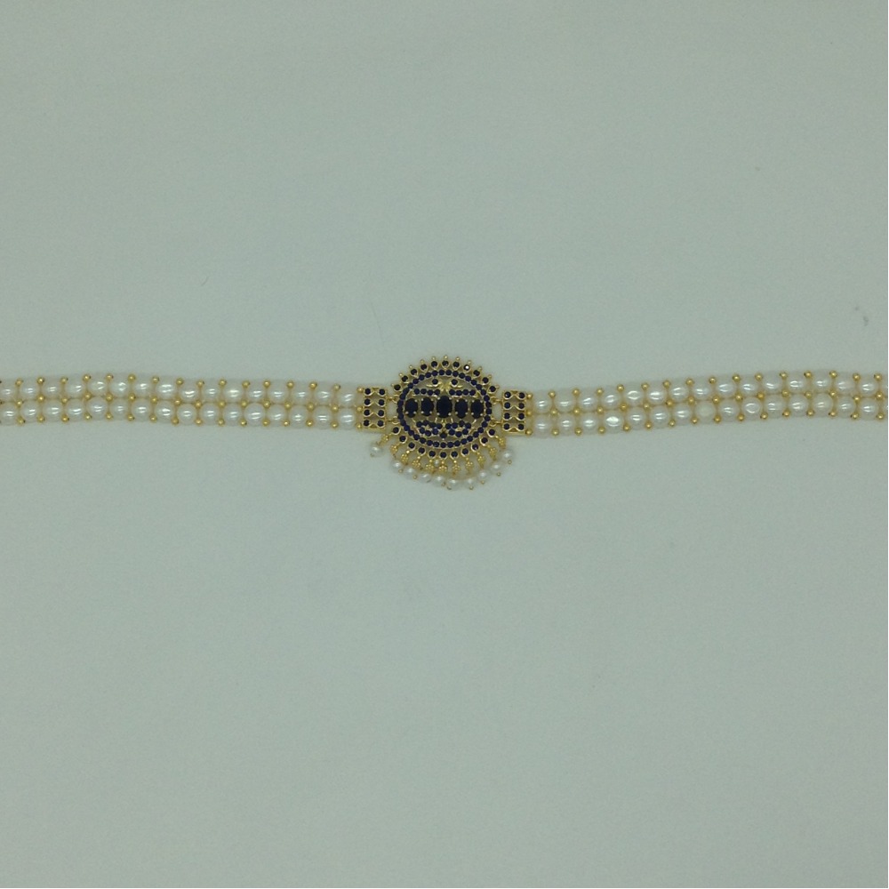 Blue CZ and Pearls Choker Set With Button Pearls Mala JPS0627 - Image 4
