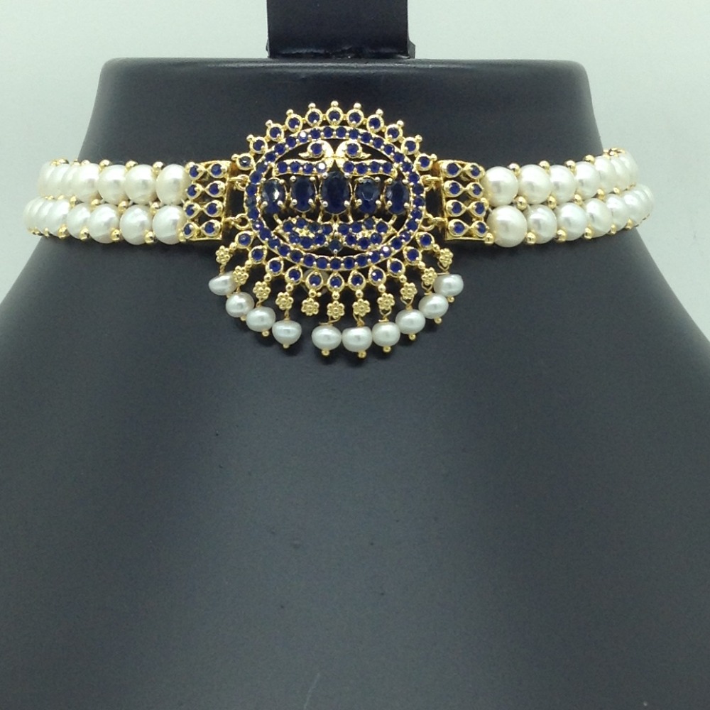 Blue CZ and Pearls Choker Set With Button Pearls Mala JPS0627 - Image 2