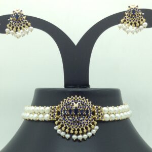 Blue CZ and Pearls Choker Set With Button Pearls Mala JPS0627