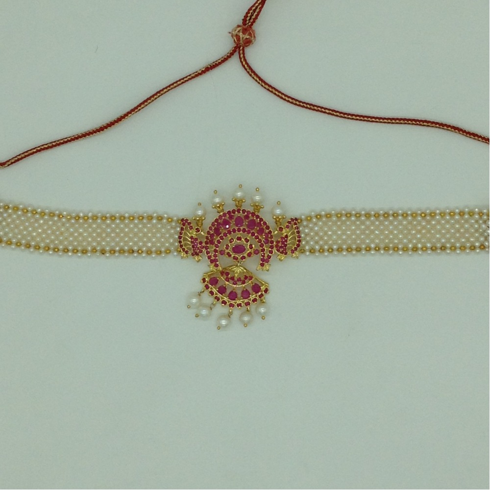 Red CZ and Pearls Choker Set With Seed Jali Pearls Mala JPS0626 - Image 4